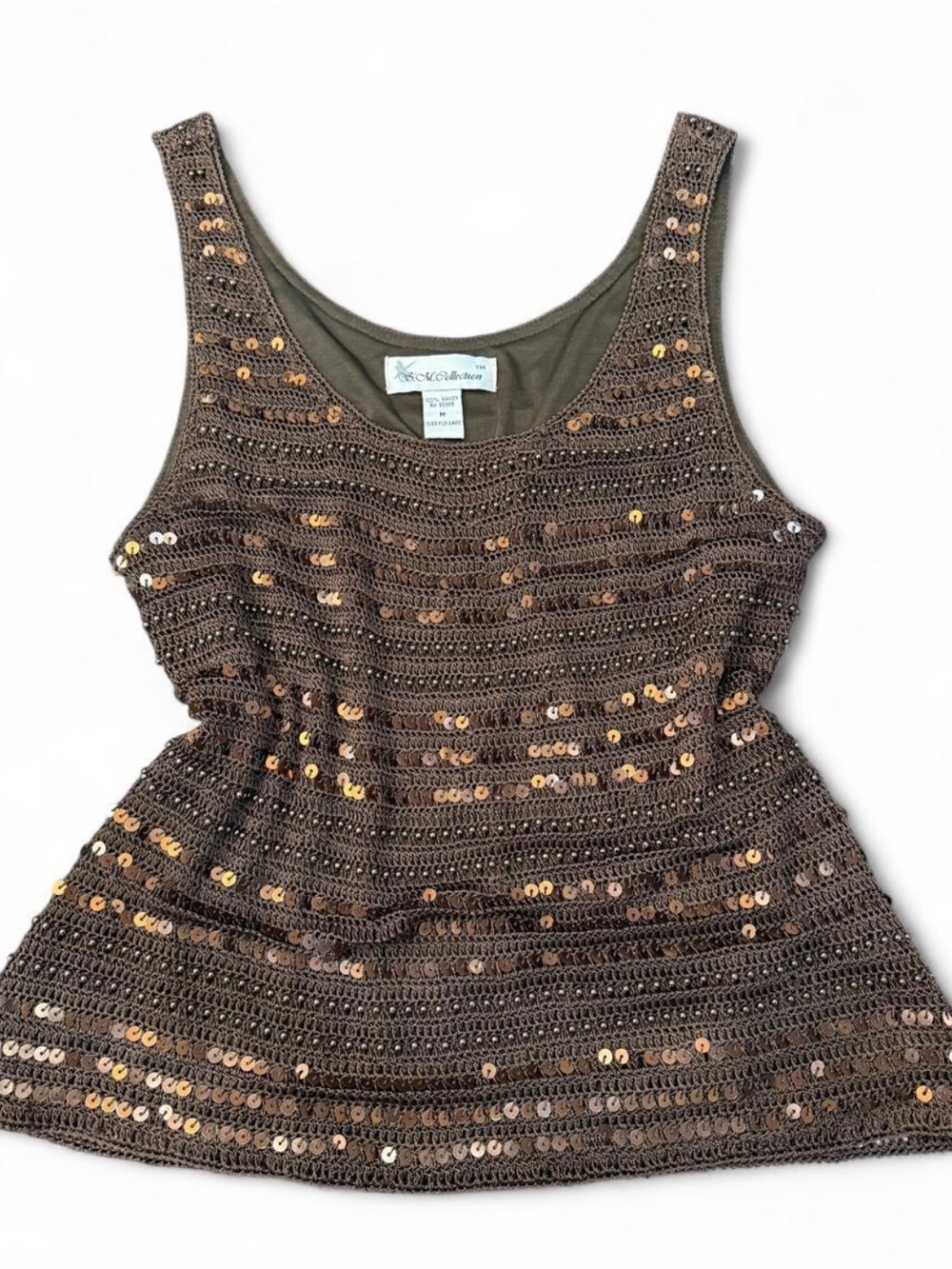 S.M Collection Brown Crochet Tank with Gold Sequins